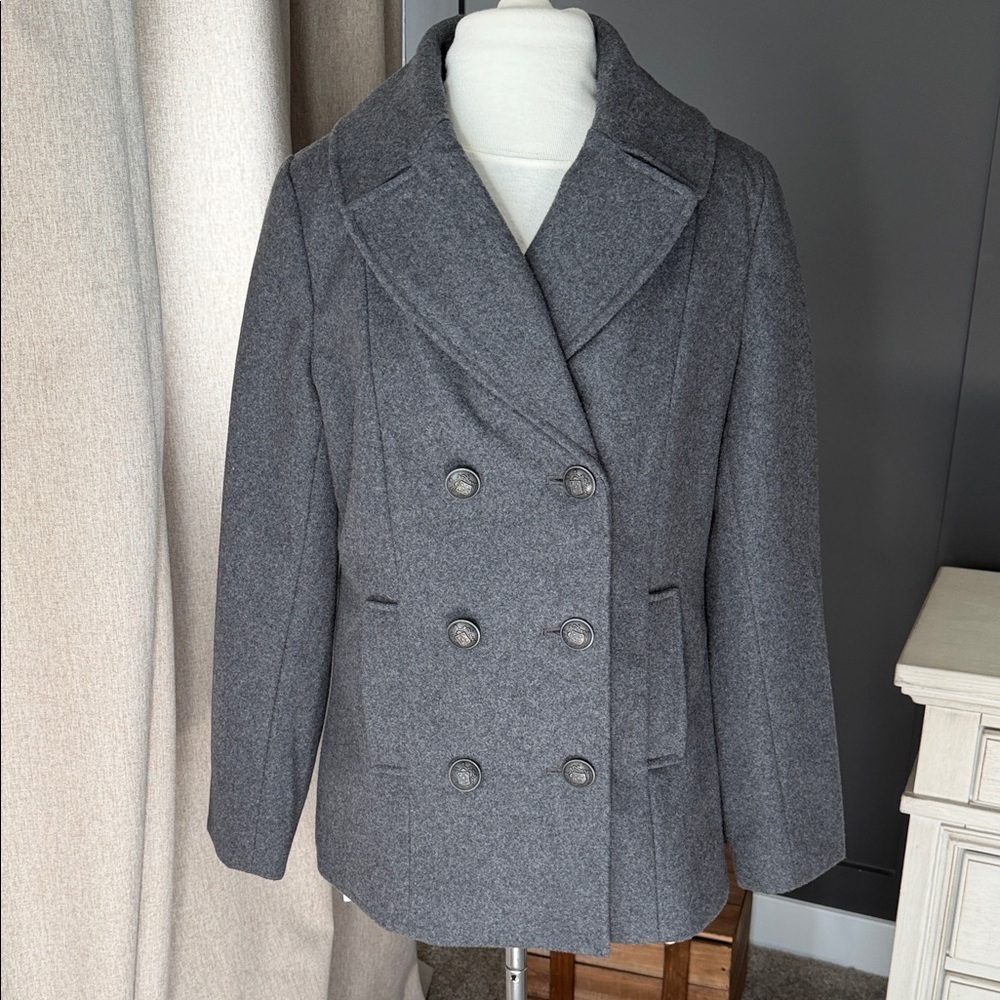 Merona Women's Gray Double-Breasted Pea Coat Classic Wool Blend‎ Like New